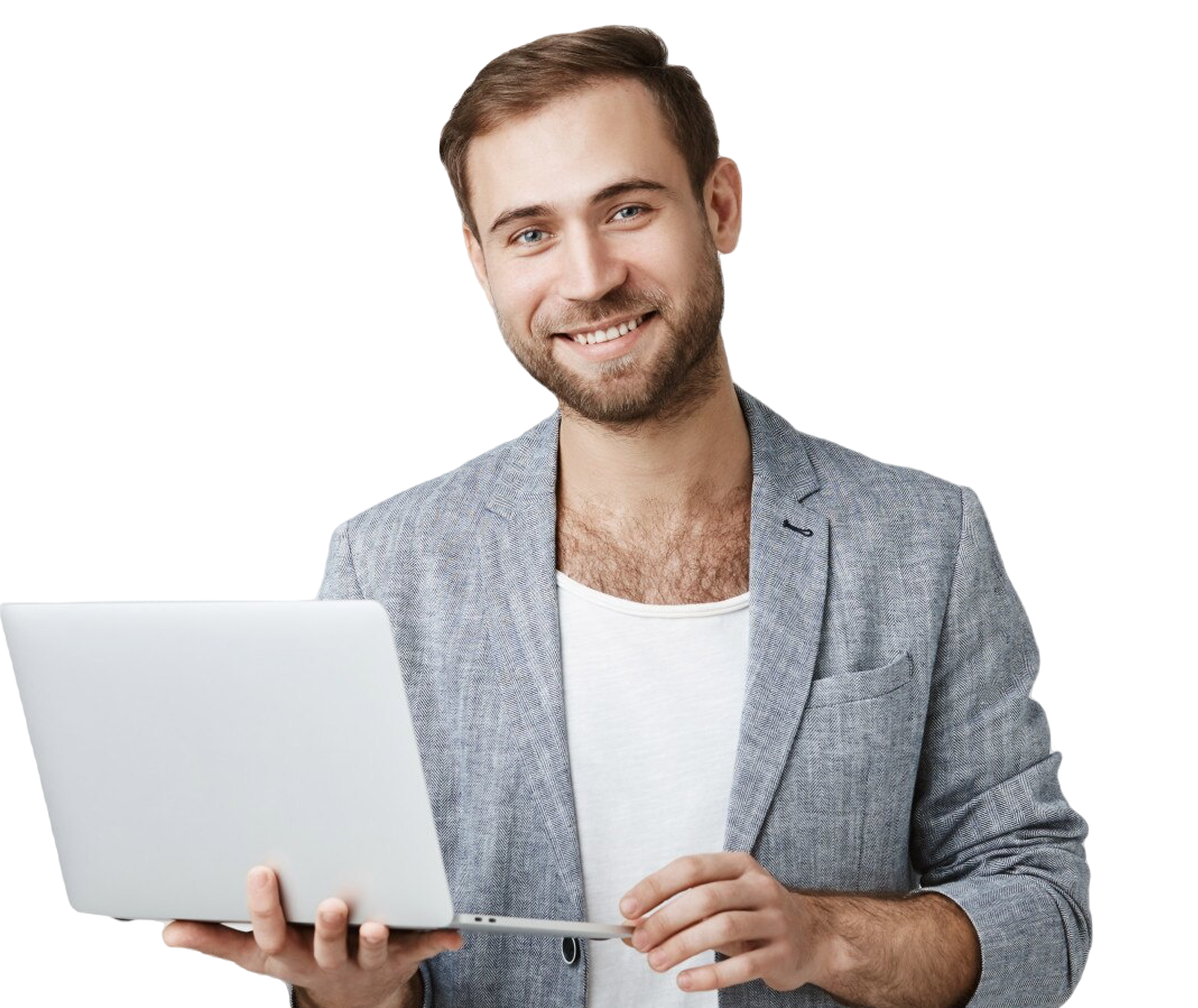 Smiling professional holding a laptop, with a background featuring a large 'X' design